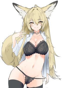 1girl animal_ears arknights black_bra black_panties black_thighhighs blonde_hair bra breasts cleavage closed_mouth commentary_request corrupted_twitter_file cowboy_shot eyes_visible_through_hair facial_scar fox_ears fox_girl fox_tail grey_shirt groin hair_between_eyes hand_up highres large_breasts long_hair long_sleeves looking_at_viewer navel open_clothes open_shirt panties scar scar_on_cheek scar_on_face shirt simple_background sketch smile solo split_mouth standing tail thighhighs underwear vulpisfoglia_(arknights) white_background yellow_eyes yellow_tail z_(knkr1025)