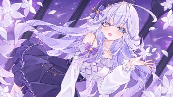 1girl absurdres ahoge artist_name black_hat black_skirt blue_eyes blush bow collarbone commentary commission english_commentary flower hair_bow hat heart heterochromia highres jewelry long_hair long_sleeves necklace open_mouth original pearl_necklace petals purple_bow purple_eyes rinne_(rinne_oi) shirt skirt smile solo star-shaped_pupils star_(symbol) symbol-shaped_pupils white_flower white_petals white_shirt