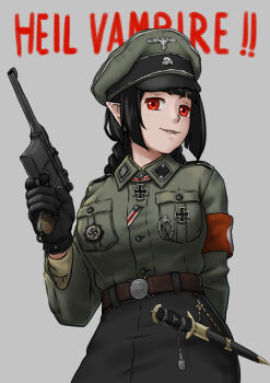 ! !! 1girl absurdres arm_behind_back badge belt belt_buckle black_gloves black_hair black_hat black_ribbon black_skirt blunt_bangs blunt_ends braid braided_ponytail breasts brown_belt brown_shirt buckle buttons collar_tabs collared_jacket collared_shirt commentary cowboy_shot cross dagger english_commentary fang fang_out finger_on_trigger gloves grey_background grey_hat grey_jacket gun handgun hat hat_ornament highres holding holding_gun holding_weapon iron_cross jacket knife large_breasts layered_sleeves long_hair long_sleeves looking_at_viewer mardjan mauser_c96 military military_hat military_jacket military_uniform multicolored_ribbon nazi nazi_party_pin original parted_lips peaked_cap pleated_skirt pointy_ears red_eyes red_ribbon reichsadler ribbon rifle sheath sheathed shirt shoulder_boards sideways_glance siegrunen simple_background single_braid skirt skull_and_crossbones skull_hat_ornament smile solo ss_insignia swastika tassel totenkopf two-tone_hat two-tone_headwear undershirt waffen-ss weapon white_ribbon white_trim world_war_ii