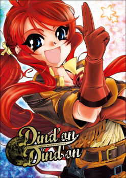 Rule 34 | belt, blue eyes, cowboy western, finger gun, gemini sunrise, gloves, gun, hair tie, hand up, handgun, jacket, kannah, looking at viewer, multiple belts, open mouth, orange jacket, orange skirt, ponytail, red gloves, red hair, sakura taisen, sakura taisen v, shirt, sidelocks, skirt, star (symbol), weapon, yellow shirt
