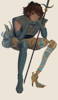 1other androgynous azuma_kaisen black_shirt blue_boots blue_gloves blue_shirt boots brown_eyes closed_mouth dot_nose elbow_gloves expressionless full_body glaive_(polearm) gloves grey_background grey_shorts hands_on_own_chin hatsburg highres invisible_chair japanese_clothes layered_shirt leaning_forward len&#039;en light_frown looking_at_viewer multiple_tails other_focus own_hands_together polearm print_shirt prosthesis prosthetic_leg red_hair shirt short_hair shorts simple_background single_thigh_boot single_vertical_stripe sitting sleeveless sleeveless_shirt solo standing striped_clothes striped_footwear tadpole_hat tadpole_tail tail thigh_boots vertical-striped_footwear weapon