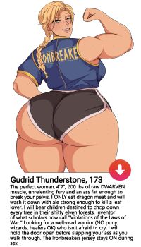 1girl absurdres ass ass_focus ass_freckles black_shorts blonde_hair blue_shirt body_freckles braid braided_ponytail breasts character_name cowboy_shot demondog17 dolphin_shorts dwarf english_text facial_scar flexing freckles highres huge_ass logo_print long_hair low-braided_long_hair low-tied_long_hair muscular muscular_female original parted_bangs scar scar_on_cheek scar_on_face shirt short_shorts shorts shortstack sideboob simple_background smile solo standing thick_thighs thighs tomboy white_background yellow_trim