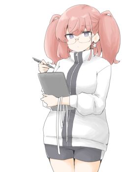 1girl akara_kai alternate_costume atlanta_(kancolle) bespectacled bike_shorts blush breasts brown_hair clipboard earrings glasses grey_eyes highres holding holding_clipboard holding_pen jacket jewelry kantai_collection large_breasts long_hair long_sleeves looking_at_viewer pen solo star_(symbol) star_earrings two_side_up white_background white_jacket