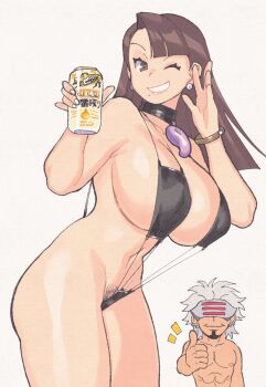 1boy 1girl ace_attorney beer_can breasts can drink_can female_focus highres inkerton-kun mature_female mia_fey navel one_eye_closed pubic_hair pubic_hair_peek sideboob slingshot_swimsuit smile swimsuit