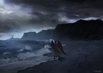 1boy black_hair black_wings cloud cloudy_sky coat demon_horns feathered_wings fog footprints from_behind full_body highres horns kim_dokja male_focus mountainous_horizon official_alternate_costume omniscient_reader&#039;s_viewpoint open_clothes open_coat shore short_hair simple_bird sky solo standing variant_set waves white_coat wings yu_shiro_ki