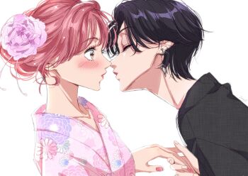 2girls animal_ears aoi-kun_ga_ikemen_sugite_tsurai aoi_(aoi-kun_ga_ikemen_sugite_tsurai) black_shirt blush closed_eyes commentary_request floral_print floral_print_kimono flower hair_bun hair_flower hair_ornament highres holding_hands imminent_kiss japanese_clothes kimono miri_(aoi-kun_ga_ikemen_sugite_tsurai) multiple_girls pink_flower pink_hair pink_kimono pink_nails print_kimono puckered_lips purple_hair shirt short_hair simple_background white_background yanqi_momota yuri