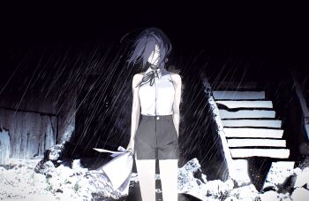 1girl absurdres black_choker black_hair black_ribbon black_shorts chainsaw_man choker collared_shirt commentary_request highres night outdoors rain reze_(chainsaw_man) ribbon shirt shorts siotanikun sleeveless sleeveless_shirt solo stairs standing white_shirt