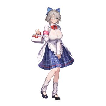 1girl ankle_garter apron armband black_footwear blue_eyes blue_sky blush bow bowtie box bra_visible_through_clothes breasts brown_dust_(series) brown_dust_2 brown_hair checkered_clothes checkered_skirt collared_shirt first_aid_kit full_body hair_between_eyes hair_ribbon hand_on_own_thigh highres holding holding_box jacket knees_together_feet_apart large_breasts large_ribbon looking_at_viewer official_art open_mouth partially_unbuttoned red_bow red_bowtie ribbon school_uniform second-party_source shirt short_hair simple_background skirt sky solo teresse_(brown_dust) teresse_(medical_club)_(brown_dust) waist_apron white_background white_jacket white_shirt