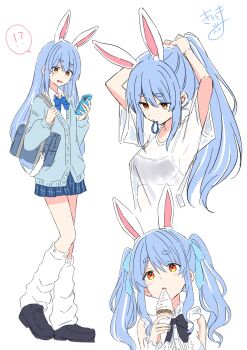 !? 1girl absurdres animal_ear_fluff animal_ears armpit_cutout arms_behind_head arms_up bag bare_shoulders black_bow black_bra black_shoes blue_bow blue_cardigan blue_skirt blush bow bra bra_visible_through_clothes breasts cardigan cellphone clothing_cutout collared_shirt commentary_request don-chan_(usada_pekora) food hair_bow hair_tie hair_tie_in_mouth highres holding holding_food holding_phone hololive ice_cream ice_cream_cone kiritoma loafers long_hair long_sleeves loose_socks medium_breasts mouth_hold multicolored_hair multiple_views parted_lips phone pleated_skirt puffy_long_sleeves puffy_sleeves rabbit-shaped_pupils rabbit_ears red_eyes school_bag school_uniform see-through_clothes see-through_shirt shirt shoes short_eyebrows short_sleeves signature simple_background skirt sleeveless sleeveless_shirt socks soft_serve spoken_interrobang streaked_hair symbol-shaped_pupils thick_eyebrows twintails tying_hair underwear usada_pekora very_long_hair virtual_youtuber wavy_mouth white_background white_hair white_shirt white_socks wrist_cuffs