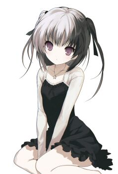 1girl 2000s_(style) between_legs black_dress black_hair black_ribbon breasts check_copyright closed_mouth collarbone copyright_request dot_mouth dot_nose dress dress_ribbon expressionless faux_retro_artstyle grey_hair haijin0i hair_ribbon hand_between_legs highres jewelry light_blush long_sleeves looking_at_viewer medium_hair multicolored_hair necklace original pale_skin pantyhose purple_eyes ribbon short_dress sidelocks sitting small_breasts solo split-color_hair star_(symbol) star_necklace twintails two-tone_hair white_background white_pantyhose white_sleeves yokozuwari