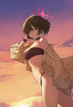 1girl bikini black_bikini black_hair blue_archive brown_shirt cloud day evening halo highres looking_at_viewer misaki_(blue_archive) misaki_(swimsuit)_(blue_archive) navel official_alternate_costume open_clothes open_shirt outdoors potatoy purple_eyes red_halo shirt short_hair sky solo standing striped_clothes striped_shirt swimsuit thighs vertical-striped_clothes vertical-striped_shirt