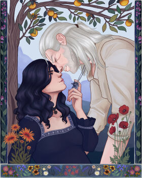 1boy 1girl absurdres black_choker black_dress black_hair choker dress flower food fruit geralt_of_rivia green_eyes highres knifecalledlust orange_flower purple_eyes red_flower scar scar_across_eye scar_on_face shirt the_witcher_(series) the_witcher_3 tree white_hair white_shirt witcher_medallion yennefer_of_vengerberg