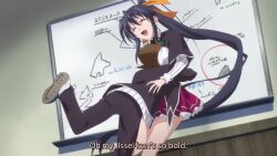 >_< 1boy 1girl animated anime_screenshot between_breasts black_capelet black_corset black_hair black_pants blush breasts brown_hair capelet closed_eyes corset covered_erect_nipples demon_girl face_to_breasts fallen_angel hair_ribbon high_school_dxd highres himejima_akeno hyoudou_issei kuoh_academy_school_uniform large_breasts long_hair long_sleeves pants red_skirt ribbon shirt sidelocks skirt sound subtitled tagme thighs underbust video white_shirt yellow_ribbon