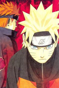 Rule 34 | 2boys, absurdres, akatsuki uniform, black jacket, blonde hair, blue eyes, earrings, face piercing, facial mark, forehead protector, highres, jacket, jewelry, kishimoto masashi, konohagakure symbol, looking at viewer, multicolored jacket, multiple boys, naruto (series), naruto shippuuden, nose piercing, orange hair, orange jacket, pain (naruto), piercing, short hair, two-tone jacket, uzumaki naruto, whisker markings