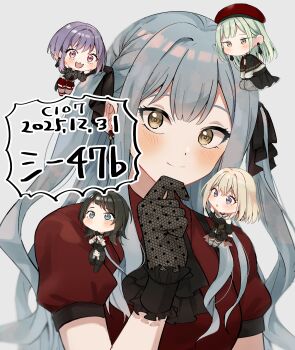 5girls :3 absurdres amoris_(bang_dream!) ave_mujica_(bang_dream!) bang_dream! bang_dream!_it&#039;s_mygo!!!!! beret black_dress black_gloves black_hair black_ribbon black_shirt black_skirt blonde_hair blue_eyes blue_hair blush brown_corset capelet chibi closed_mouth clothing_cutout comiket_107 commentary_request corset doloris_(bang_dream!) dress earrings garter_straps gloves green_hair grey_pantyhose hair_ribbon hanetsuka hat highres jewelry long_hair long_sleeves misumi_uika mortis_(bang_dream!) mortis_(costume)_(bang_dream!) multiple_girls oblivionis_(bang_dream!) open_mouth pantyhose pink_eyes purple_eyes purple_hair red_capelet red_hat red_shirt red_shorts ribbon shirt short_sleeves shorts shoulder_cutout sidelocks skirt timoris_(bang_dream!) togawa_sakiko upper_body wakaba_mutsumi yahata_umiri yellow_eyes yuutenji_nyamu