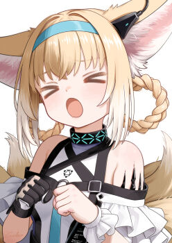 &gt;_&lt; 1girl absurdres animal_ear_fluff animal_ears arknights bare_shoulders black_collar black_gloves blonde_hair blue_hairband braid braided_hair_rings clenched_hand closed_eyes collar commentary earpiece fox_ears fox_girl fox_tail gloves hair_rings hairband hands_up highres infection_monitor_(arknights) lanyard material_growth open_mouth oripathy_lesion_(arknights) signature simple_background single_glove solo suzuran_(arknights) symbol-only_commentary tail twin_braids upper_body welt_(kinsei_koutenkyoku) white_background
