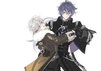 Rule 34 | 2boys, ahoge, black gloves, cowboy shot, dancing, flins (genshin impact), genshin impact, gloves, hand on another's waist, highres, illuga (genshin impact), illugalnwza, male focus, multiple boys, open mouth, purple eyes, purple hair, simple background, smile, white background, white hair, yellow eyes