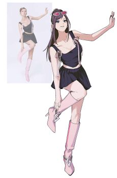 1girl ace_attorney amikoiiko anklet apollo_justice:_ace_attorney black_skirt black_tank_top blue_eyes boots breasts brown_hair chain cleavage collarbone crop_top ema_skye eyewear_on_head fingernails glasses half_updo hand_on_own_ankle high_heel_boots high_heels highres index_ring initial jewelry klavier_gavin knee_boots leg_up long_hair long_ribbon looking_at_viewer midriff navel photo-referenced pink_boots pink_ribbon pleated_skirt reference_inset reference_photo ribbon round_eyewear shirt_ribbon simple_background skirt smile solo sunglasses tank_top tinted_eyewear white-framed_eyewear white_background