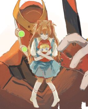 1girl armor blue_dress blue_eyes doll dress eva_02 evangelion_(mecha) extra_eyes facing_viewer floating glass_hari green_eyes hair_between_eyes hair_ornament highres holding holding_doll interface_headset_(evangelion) legs long_hair looking_at_viewer mecha neon_genesis_evangelion orange_hair red_armor robot sad sailor_collar sailor_shirt school_uniform shirt short_dress short_sleeves sidelocks simple_background socks solo souryuu_asuka_langley thighs tokyo-3_middle_school_uniform very_long_hair white_background white_shirt white_socks