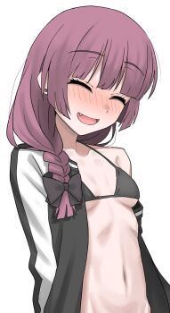 1girl bikini black_bikini black_bow blunt_bangs blush bocchi_the_rock! bow braid braided_ponytail breasts closed_eyes commentary fang hair_bow hair_over_shoulder halulu highres hiroi_kikuri jacket long_hair navel open_clothes open_jacket open_mouth pink_hair simple_background single_bare_shoulder single_braid small_breasts smile solo swimsuit upper_body white_background