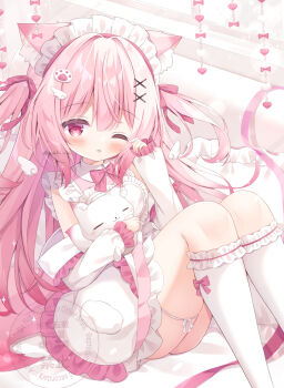 1girl animal_ear_fluff animal_ears blush bow bowtie cat_ears detached_sleeves dress frilled_dress frills hair_ornament highres kneehighs long_hair maid maid_headdress one_eye_closed original pink_bow pink_eyes pink_hair ribbon sitting socks solo stuffed_toy virtual_youtuber watermark white_dress white_headdress white_socks wing_hair_ornament wings yuduki_pdx