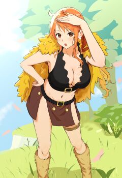 1girl belt belt_buckle blue_sky blush breasts brown_eyes brown_loincloth buckle capelet cleavage cloud cloudy_sky commentary crop_top curvy earrings english_commentary falling_petals feet_out_of_frame fur_capelet fur_leg_warmers grass hand_on_own_hip hand_up highres jewelry knees large_breasts leg_warmers loincloth long_hair looking_at_viewer midriff nami_(one_piece) nami_(one_piece)_(elbaf) navel official_alternate_costume official_alternate_hairstyle one_piece open_mouth orange_hair outdoors pearl_earrings petals pink_petals ree_(ree1010i) revealing_clothes sidelocks sky solo standing thigh_strap tree wide_hips yellow_capelet