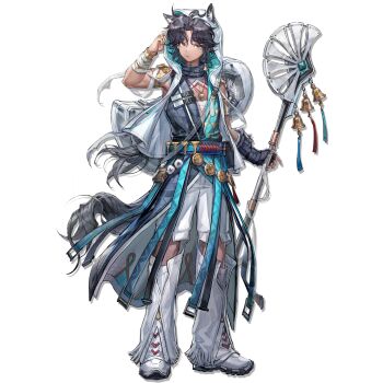 Rule 34 | 1boy, ahoge, animal ear fluff, animal ears, aqua belt, aqua robe, arknights, armlet, bandaged arm, bandages, bell, belt, belt pouch, black belt, black gloves, black robe, bracelet, braid, cleavage cutout, closed mouth, clothing cutout, dandelion, dark-skinned male, dark skin, erkai, extra ears, flower, full body, gloves, gold armlet, gold bracelet, gold ring, hair intakes, hand up, highres, holding, holding staff, hood, hooded vest, hoodie, horse boy, horse ears, horse tail, hoverboard, jewelry, knee cutout, long hair, looking at viewer, multiple belts, official art, open clothes, open vest, pants, pouch, robe, shoes, side braid, simple background, single braid, single glove, sleeveless robe, sneakers, solo, staff, standing, tachi-e, tail, taraxacum (arknights), third-party source, transparent background, triangle print, two-tone robe, vest, whistle, whistle around neck, white pants, white shoes, white vest, yellow eyes