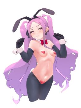 1girl animal_ears black_gloves black_hiphighs blush bow bowtie breasts detached_collar elbow_gloves fake_animal_ears fate/grand_order fate_(series) forehead gloves heart_maebari heart_pasties hiphighs long_hair looking_at_viewer maebari navel niwaikanai parted_bangs pasties purple_eyes purple_hair rabbit_ears reverse_bunnysuit reverse_outfit sidelocks small_breasts solo thighs twintails very_long_hair wrist_cuffs wu_zetian_(fate)