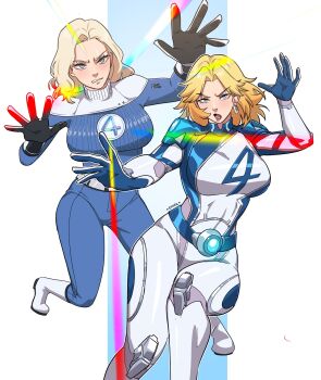 2girls blonde_hair blue_bodysuit blue_eyes blush bodysuit breasts earrings ernez_(jerukperaz) fantastic_four highres jewelry large_breasts long_hair looking_at_viewer marvel marvel_rivals multicolored_bodysuit multiple_girls smile sue_storm superhero_costume two-tone_bodysuit