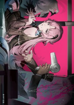 Rule 34 | 1girl, 1other, bema (sinsekai), blood, bokyo, character name, clothing cutout, commentary request, copyright name, disembodied arms, drying, drying another's hair, drying hair, earclip, earrings, from side, grey nails, grin, hair dryer, hair ornament, hand in another's hair, highres, holding, holding hair dryer, jewelry, kamitsubaki studio, long hair, looking at viewer, nail polish, official art, own hands together, parted bangs, pink blood, pink hair, ring, second-party source, shadow, shadow puppet, shoulder cutout, sideways, sinsekai record, smile, solo focus, tissue, tissue box, very long hair, virtual youtuber