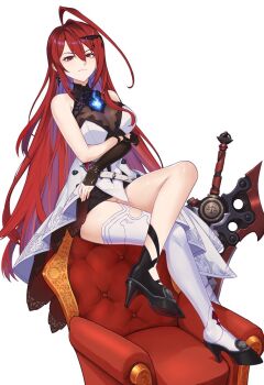 Rule 34 | 1girl, ahoge, armchair, arms under breasts, bare shoulders, black shoes, blue fire, breasts, chair, cleavage, colored inner hair, commentary, crossed legs, dress, earrings, elizabeth rose bloodflame, elizabeth rose bloodflame (1st costume), english commentary, fire, fire on chest, full body, greatsword, hair between eyes, high heels, hololive, hololive english, huge ahoge, jewelry, large breasts, long hair, looking at viewer, maritan (pixelmaritan), multicolored hair, purple hair, red eyes, red hair, shoes, simple background, single bare arm, single bare leg, single thighhigh, sitting, solo, sword, thighhighs, thorn (elizabeth rose bloodflame), two-tone hair, very long hair, virtual youtuber, weapon, white background, white thighhighs