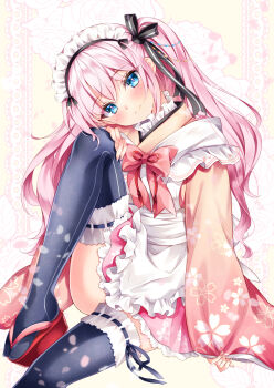Rule 34 | 1girl, apron, aqua eyes, arm at side, black ribbon, black thighhighs, blush, borrowed character, bow, bright pupils, cherry blossom print, closed mouth, commission, eyelashes, eyes visible through hair, floral background, floral print, flower, foot out of frame, frilled kimono, frilled thighhighs, frills, hair between eyes, hair ribbon, hand on own knee, happy, head tilt, japanese clothes, kimono, knee up, long hair, looking at viewer, maid, maid apron, maid headdress, nogi takayoshi, original, pink bow, pink hair, pink kimono, print kimono, ribbon, ribbon-trimmed thighhighs, ribbon trim, rose, short kimono, simple background, sitting, skeb commission, smile, solo, split mouth, thighhighs, tsurime, twintails, very long hair, wa maid, wavy hair, white apron, white flower, white rose