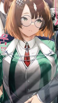 1boy 1girl against_glass blunt_bangs bob_cut breast_press breasts breasts_on_glass brown_hair buttons chikan collared_shirt commentary fuwamozzi glasses green_jacket grey-framed_eyewear grey_eyes grey_vest hetero highres ikuno_dictus_(umamusume) jacket large_breasts long_sleeves molestation multicolored_hair necktie newspaper open_clothes open_jacket open_mouth red_necktie round_eyewear shirt short_hair solo_focus two-tone_hair umamusume upper_body vest white_shirt