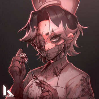 1girl artist_name artist_self-insert backlighting bags_under_eyes bandages black_background black_hair blood blood_on_clothes blood_on_face blood_on_hands breasts brown_gloves collared_shirt colored_tips commentary covered_mouth cross-laced_clothes cross-laced_sleeves curtained_hair earrings english_commentary eyelashes eyepatch flipped_hair gloves grey_eyes hands_up hat holding holding_syringe ikram jewelry lower_eyelashes_only mask mouth_mask multicolored_hair nurse nurse_cap one_eye_covered original parted_bangs shirt short_hair short_sleeves simple_background small_breasts solo syringe tsurime two-tone_hair white_hair white_hat white_shirt