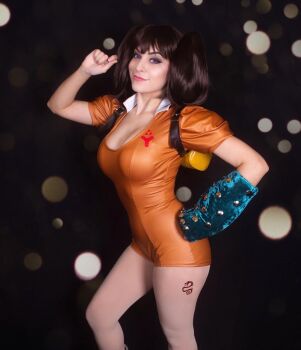 Rule 34 | 1girl, blue eyes, breasts, cosplay, diane (nanatsu no taizai), diane (nanatsu no taizai) (cosplay), hand on own hip, highres, large breasts, leotard, nanatsu no taizai, peyton cosplay, photo (medium), real life, short sleeves, tattoo, twintails