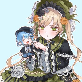 Rule 34 | 2girls, :t, black flower, black rose, blonde hair, blue hair, bonnet, braid, braided hair rings, cheek poking, closed eyes, cowboy shot, dress, flower, green bonnet, green dress, green eyes, hair rings, hashtag-only commentary, highres, in palm, lolita fashion, long hair, long sleeves, looking at another, mahou shoujo no majo saiban, mini person, minigirl, multiple girls, open mouth, poking, pout, rose, satomoriumi, short hair, sitting, smile, tachibana sherry, tono hanna, twintails, white flower, white rose, yellow flower, yellow rose