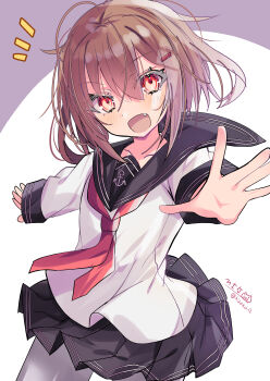 1girl :d absurdres ahoge black_pantyhose black_sailor_collar black_skirt blush brown_hair collarbone commentary fang hair_between_eyes highres hizaka ikazuchi_(kancolle) kantai_collection long_sleeves looking_at_viewer medium_hair messy_hair miniskirt neckerchief one-hour_drawing_challenge open_mouth outstretched_arms pantyhose pleated_skirt purple_background reaching reaching_towards_viewer red_eyes red_neckerchief sailor_collar shirt sidelocks signature simple_background skirt smile solo twitter_username upper_body white_background white_shirt