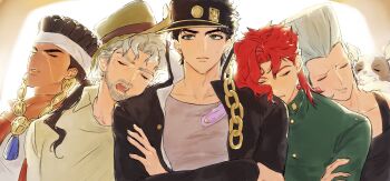 5boys animal animal_on_shoulder backlighting bantu_knots beard black_hair brown_hair closed_eyes collared_shirt commentary_request crossed_arms dark-skinned_male dark_skin dog earrings facial_hair flattop gakuran green_eyes hat head_on_another&#039;s_shoulder highres iggy_(jojo) jacket jean_pierre_polnareff jewelry jojo_no_kimyou_na_bouken joseph_joestar joseph_joestar_(old) kakyoin_noriaki korean_commentary kuujou_joutarou long_hair long_sleeves looking_to_the_side low_ponytail mago579 male_focus mohammed_avdol multiple_boys old old_man open_mouth parted_lips ponytail popped_collar red_hair scar scar_on_face school_uniform shirt short_hair sleeping stardust_crusaders stud_earrings sunlight sweat white_hair window