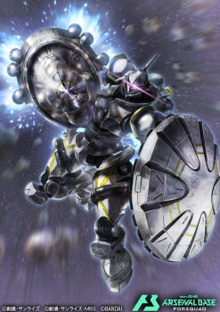asteroid bandai battle blurry blurry_background commentary_request copyright_notice debris glowing glowing_eye gundam gundam_arsenal_base gundam_gquuuuuux gyan_(gquuuuuux) hukutuuprunes lance lens_flare logo machinery mecha mecha_focus missile_pod mobile_suit motion_blur official_art one-eyed polearm realistic robot science_fiction shield space thrusters title weapon zeon