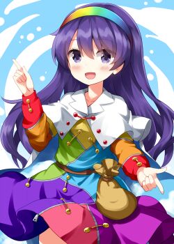 Rule 34 | 1girl, :d, alternate hair length, alternate hairstyle, belt pouch, blue background, blush, cape, commentary request, cowboy shot, dress, hair between eyes, hairband, hand up, highres, index fingers raised, long hair, long sleeves, looking at viewer, multicolored dress, multicolored hairband, open mouth, pouch, print cape, purple eyes, purple hair, rainbow gradient, ruu (tksymkw), sky print, smile, solo, tenkyuu chimata, touhou, two-sided cape, two-sided fabric, white cape