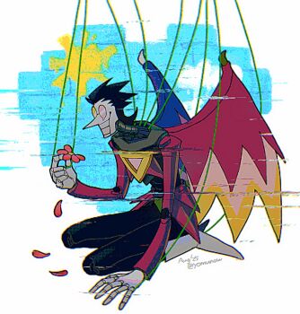 1boy black_hair boots commentary dated deltarune doll_joints falling_petals heterochromatic_eyewear highres joints kneeling long_nose male_focus multicolored_wings petals pointy_nose puppet_strings solo spamton_g._spamton spamton_neo symbol-only_commentary tearing_up teeth tinted_eyewear twitter_username utdr_(toby_fox) white_boots wings yomunow