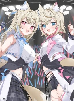 2girls absurdres angeldu animal_ear_fluff animal_ears blonde_hair blue_eyes blush commentary dog_ears dog_girl dog_tail english_commentary fang flying_sweatdrops fuwawa_abyssgard glowstick highres holding_hands hololive hololive_english idol idol_clothes long_hair looking_at_viewer midriff mococo_abyssgard multicolored_hair multiple_girls navel open_mouth penlight_(glowstick) pink_eyes short_hair siblings sisters skin_fang smile stage stage_lights streaked_hair sweat tail twins virtual_youtuber