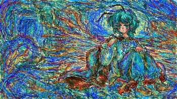 1girl abstract antennae brooch bug cape centipede expressionless green_eyes green_hair hand_on_own_knee hand_up highres holding_bug jewelry jzl_pixel knees_together_feet_apart knees_up long_sleeves looking_at_object oekaki pants puffy_long_sleeves puffy_sleeves red_cape shirt shoes short_hair sitting socks solo touhou wriggle_nightbug