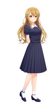 1girl arms_behind_back artist_request belt black_belt black_shirt black_skirt blonde_hair blue_shoes cinderella_series closed_mouth hachigatsu_no_cinderella_nine hair_between_eyes hair_ornament hairclip highres kamabe_chiaki long_hair looking_at_viewer official_art sailor_collar school_uniform shirt shoes short_sleeves skirt socks solo transparent_background white_sailor_collar white_socks yellow_eyes