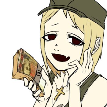 Rule 34 | 1girl, blonde hair, breast tattoo, brown eyes, collarbone, crop top, cross, cross necklace, fang, green tank top, hand on own cheek, hand on own face, holding, holding money, hryvnia, jewelry, limestone (artist), looking at viewer, marichka, money, necklace, no jacket, non-web source, original, russo-ukrainian war, short hair, shrugging, skin fang, smile, solo, sticker, swastika, swastika tattoo, tank top, tattoo