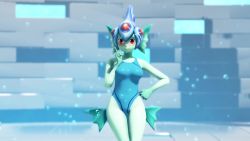 1girl 3d animated artist_request ass_shake audible_music bouncing_breasts breasts censored censored_nipples clothing_cutout colored_skin curvy dancing digimon digimon_(creature) digimon_frontier fish_girl green_skin heart heart_censor helmet highres jiggle large_breasts lips looking_at_viewer mikumikudance_(medium) nail_polish naughty_face navel navel_cutout nude one-piece_swimsuit ranamon red_eyes shiny_skin sky smile sound standing swimsuit video water wide_hips