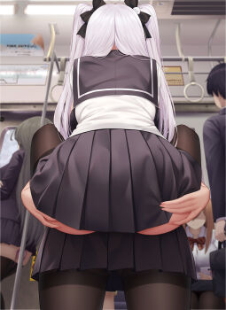 2girls absurdres ass carrying chikan exhibitionism from_behind grabbing_another's_ass groping highres hug incest lifting_person map molestation multiple_girls niliu_chahui pantyhose public_indecency school_uniform siblings sisters skirt subway_map tokisaki_asaba_(niliu_chahui) tokisaki_mio_(niliu_chahui) train twintails white_hair yuri