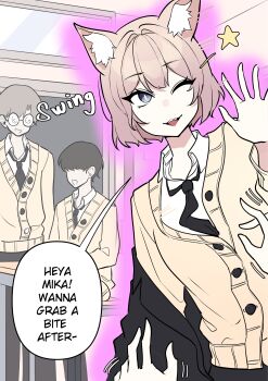 2boys 2girls :d absurdres animal_ear_fluff animal_ears black_hair black_jacket black_pants black_skirt blazer blue_eyes breasts brown_cardigan brown_hair cardigan cat_ears cat_girl classroom coke-bottle_glasses collared_shirt desk english_text failure fangs glasses glowing highres hypnosis jacket long_sleeves medium_hair mind_control mirui09 motion_lines multiple_boys multiple_girls no_eyes off_shoulder on_desk open_mouth original out_of_frame pants partially_submerged pov pov_hands school_uniform shirt short_hair sitting skirt small_breasts smile sound_effects speech_bubble standing star_(symbol) waving white_shirt