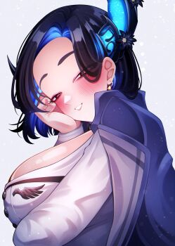 1girl absurdres alternate_costume asymmetrical_horns birthday black_hair blue_hair blush breasts cleavage colored_inner_hair craymer crystal_horns demon_horns dress_suit flower hair_ornament happy_birthday highres hololive hololive_english horn_flower horns large_breasts looking_at_viewer mole mole_under_eye multicolored_hair nerissa_ravencroft nerissa_ravencroft_(casual) office_lady official_alternate_costume official_alternate_hair_length official_alternate_hairstyle quilted_jacket red_eyes shirt simple_background smile solo two-tone_hair uneven_horns upper_body virtual_youtuber white_shirt