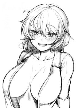 1girl blush breasts collared_shirt commentary_request greyscale hair_between_eyes kazami_yuuka large_breasts looking_at_viewer monochrome no_bra open_clothes open_mouth open_shirt sadahiro_(chicken_nugget_gyuuniku_aji) shirt short_hair simple_background sketch smile solo sweat touhou upper_body
